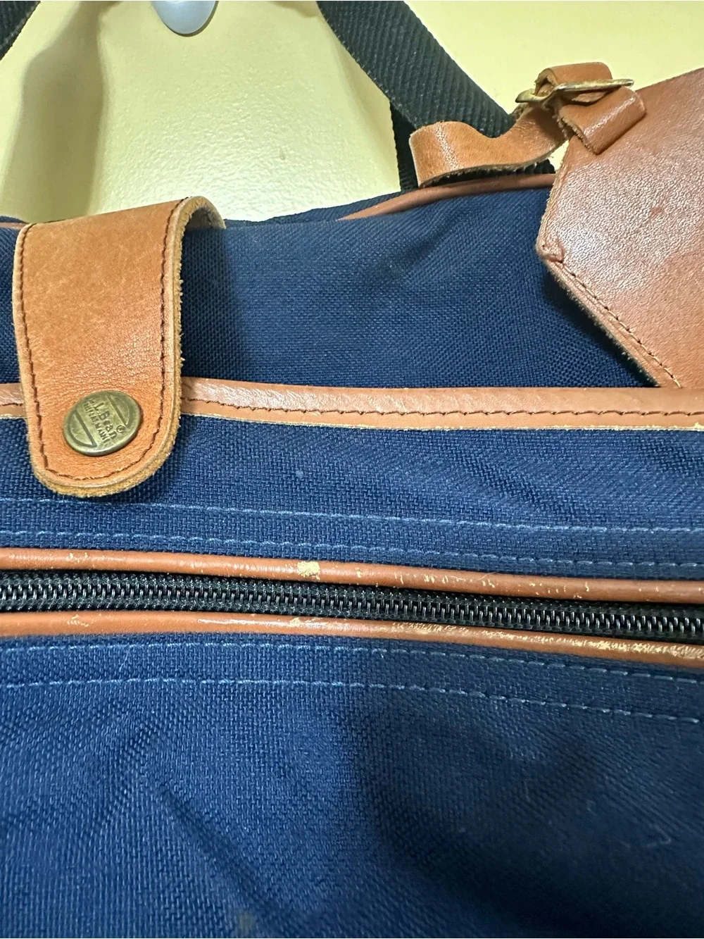 L.L. Bean VTG Large Deluxe Duffle Bag Canvas Leather Navy Blue